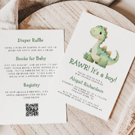 Invitación Dinosaurio verde lindo QR Code Boy Baby Shower