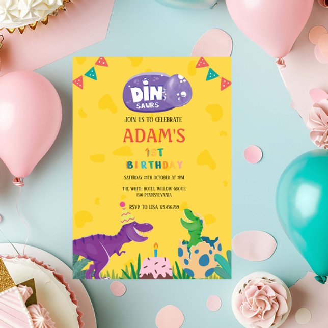 Invitación Dinosaurio verde y púrpura amarillo primer cumplea (Subido por el creador)