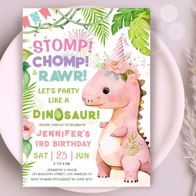 Invitación Dinosaurios 3 Fiestas de cumpleaños Chicas de dino (#DinosaurBirthdayInvitation #DinosaurBirthdayInvite #GirlDinosaurBirthdayInvitation)