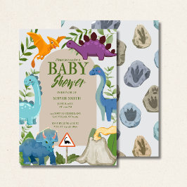 Invitación Dinosaurios Azules y Morados, Volcán T-Rex Baby Sh