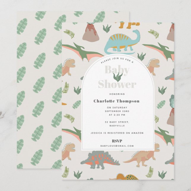 Invitación Dinosaurios Boho Animales Prehistóricos Baby Showe (Anverso / Reverso)