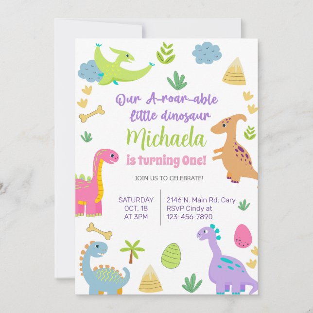 Invitación dinosaurios chica dino de cumpleaños (Anverso)