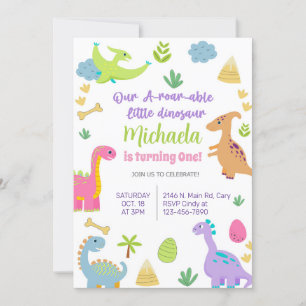 Invitación dinosaurios chica dino de cumpleaños