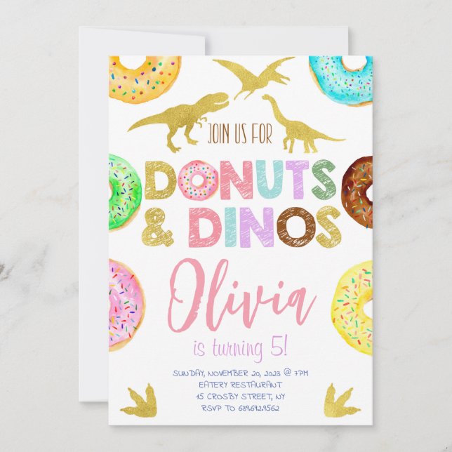Invitación Dinosaurios chicas y Donuts Cumpleaños (Anverso)