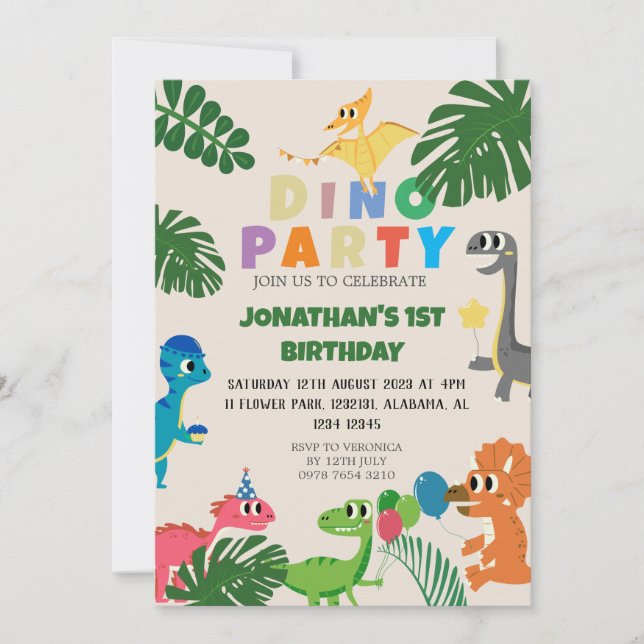 Invitación Dinosaurios Cumpleaños Simple Cute Primer Nacimien (Anverso)