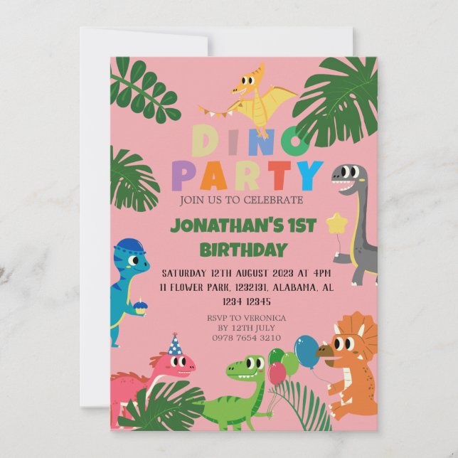 Invitación Dinosaurios Cumpleaños Simple Cute Primer Nacimien (Anverso)
