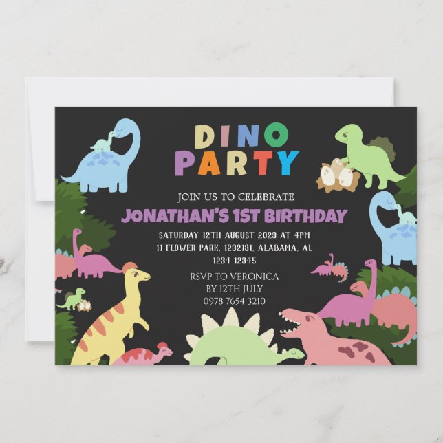 Invitación Dinosaurios Cumpleaños Simple Cute Primer Nacimien (Anverso)