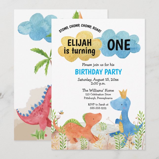 Invitación Dinosaurios Cutes Jugando Niño Primer Cumpleaños (Anverso / Reverso)