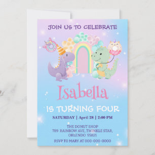 Invitación Dinosaurios de unicornio, lustre, donut arcoiris,