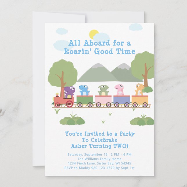 Invitación Dinosaurios En Un Tren Todo A Bordo Cumpleaños (Anverso)