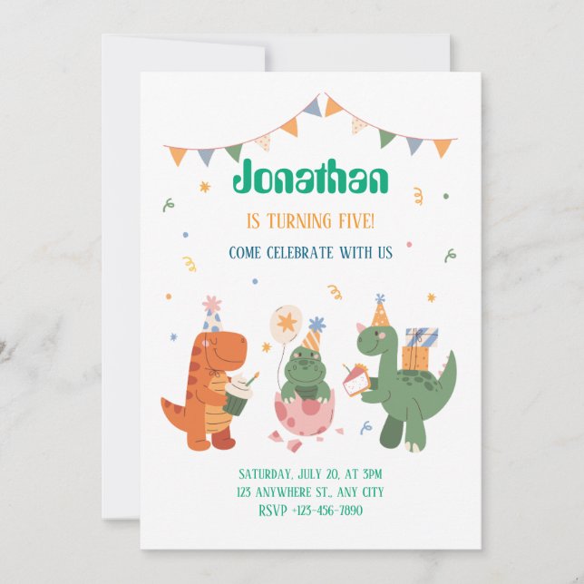 Invitación Dinosaurios infantiles coloridos (Anverso)