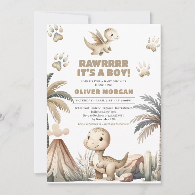 Invitación Dinosaurios infantiles prehistóricos lindos y neut (Anverso)