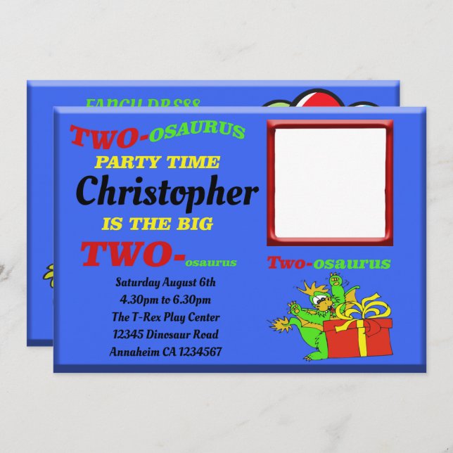 Invitación Dinosaurios Niños Azul Dos osaurios Segundo Cumple (Anverso / Reverso)