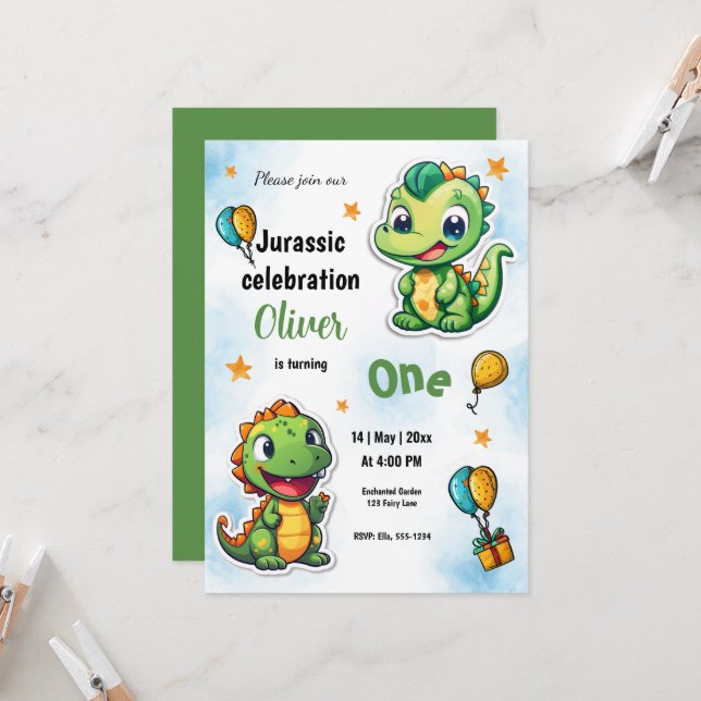 Invitación Dinosaurios Personalizado Niño Primer cumpleaños (Anverso/Reverso In Situ)