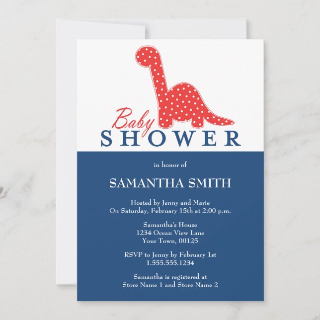 Invitación Dinosaurios Rojos y Azules Tema Baby Shower (Anverso)