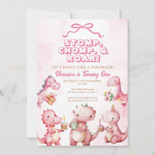 Invitación Dinosaurios rosados Stomp Chomp Roar Primer cumple