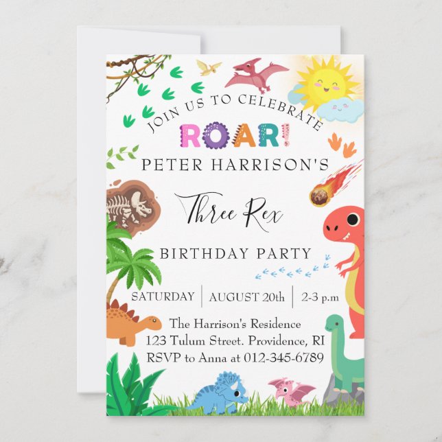Invitación Dinosaurios Tres Fiestas De Cumpleaños Rex (Anverso)