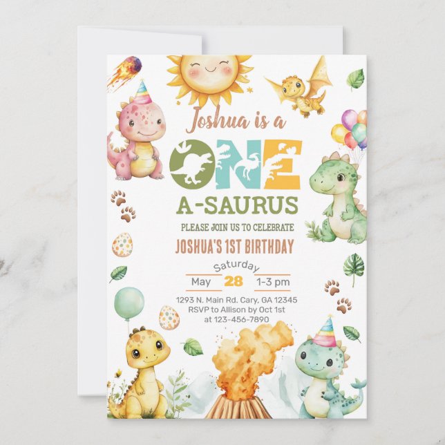 Invitación Dinosaurios Una-A-Saurus 1er cumpleaños. (Anverso)