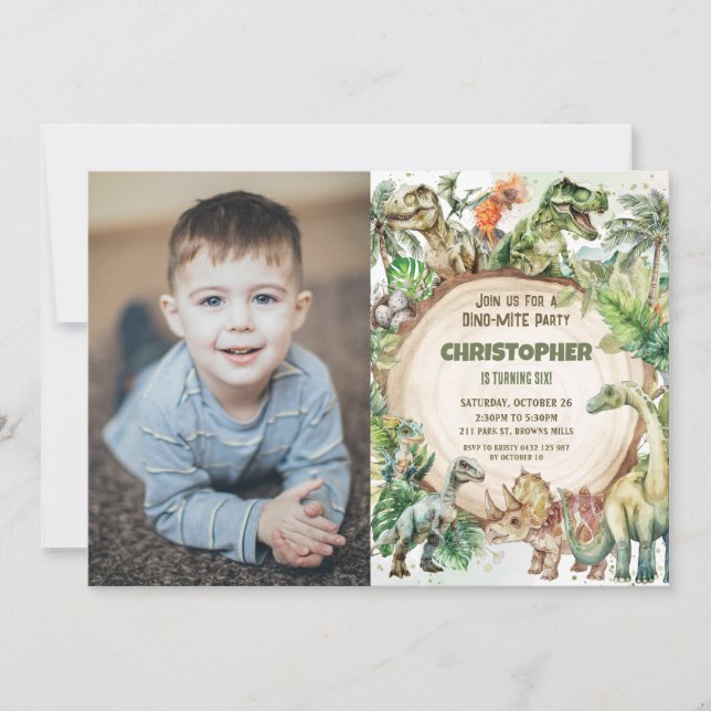 Invitación Dinosaurios Verdor Dino-mite Fiesta de cumpleaños (Anverso)