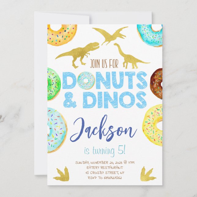 Invitación Dinosaurios y fiesta de cumpleaños del niño Donuts (Anverso)