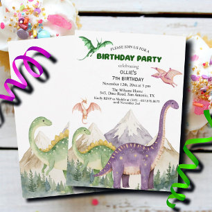 Invitación Dinosaurios y montañas coloridas Séptima Fiesta de