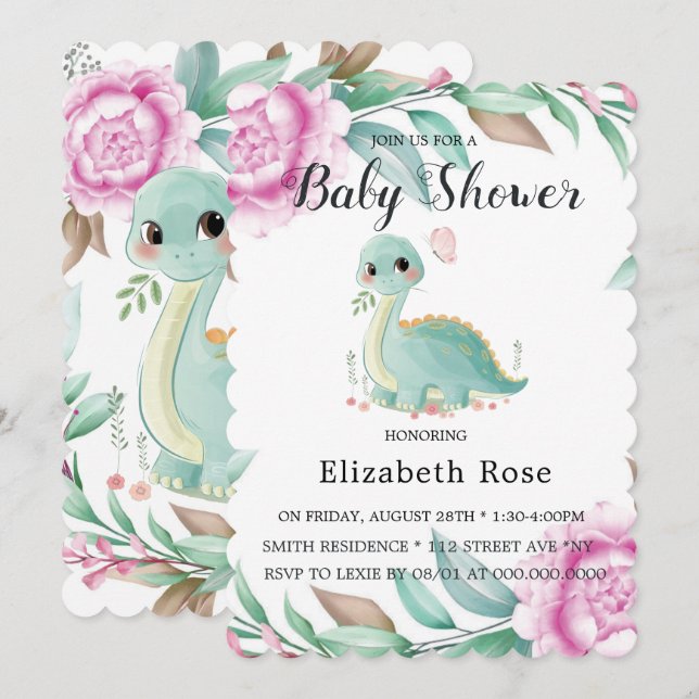 Invitación Dinosaurios y peones rosados invitan a Baby Shower (Anverso / Reverso)