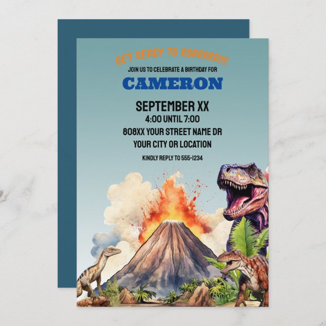 Invitación Dinosaurios y volcán realistas (Anverso / Reverso)