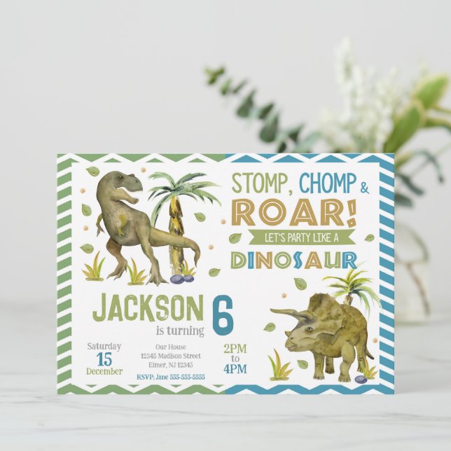 Invitación Dinosaurs Birthday Invitation | T-rex | Triceratop (Anverso de pie)