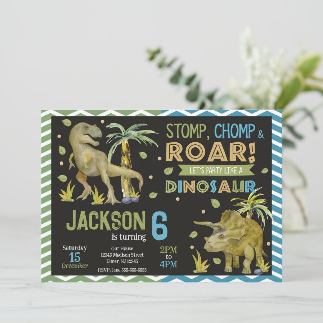 Invitación Dinosaurs Birthday Invitation | T-rex | Triceratop (Anverso de pie)