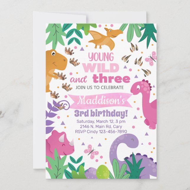 Invitación Dinosaurs girl birthday invitation dino (Anverso)