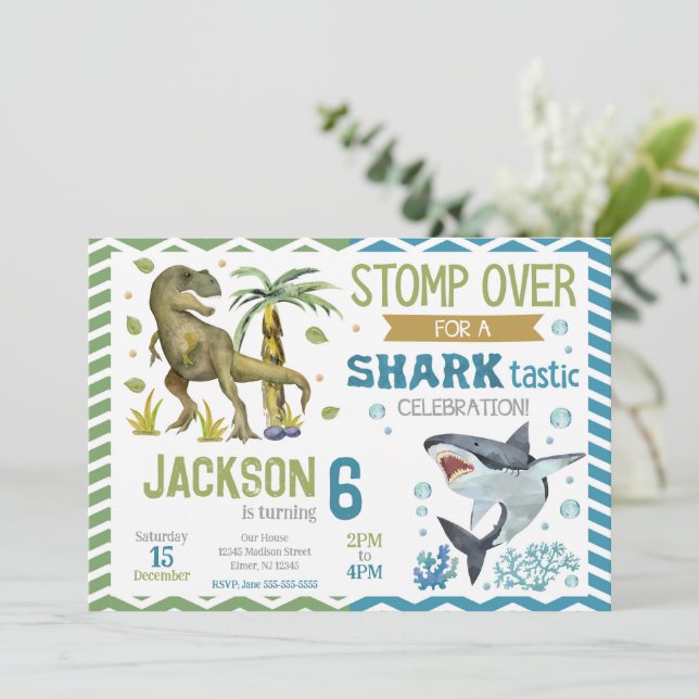 Invitación Dinosaurs & Sharks Birthday Invitation (Anverso de pie)