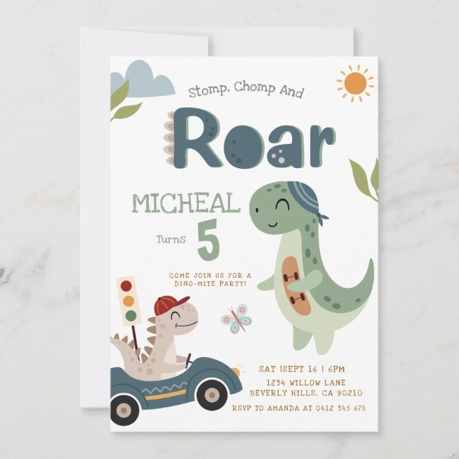 Invitación Dinosaurs Stomp Chomp Roar Boy Birthday Invitation (Anverso)