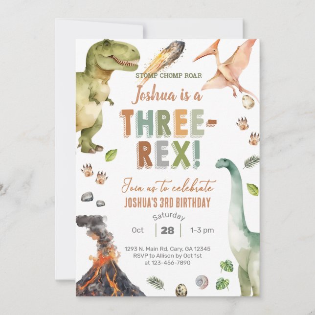 Invitación Dinosaurs Three-Rex boy 3rd birthday invite. (Anverso)