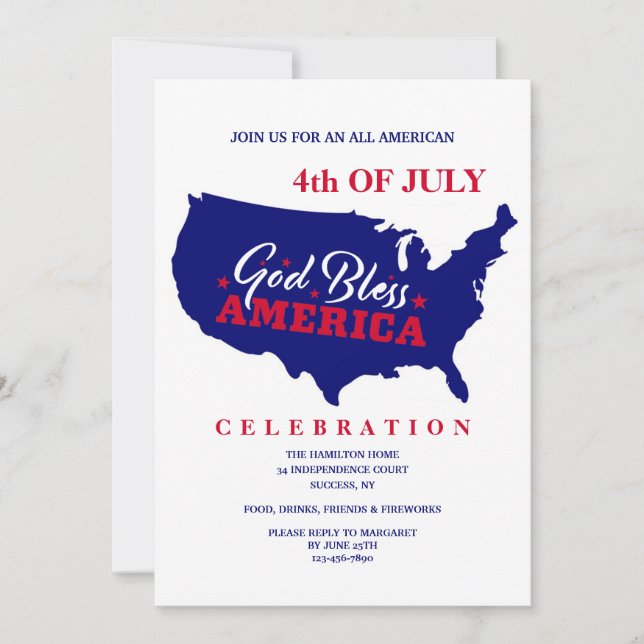 Invitación Dios bendiga a Estados Unidos el 4 de julio (Anverso)