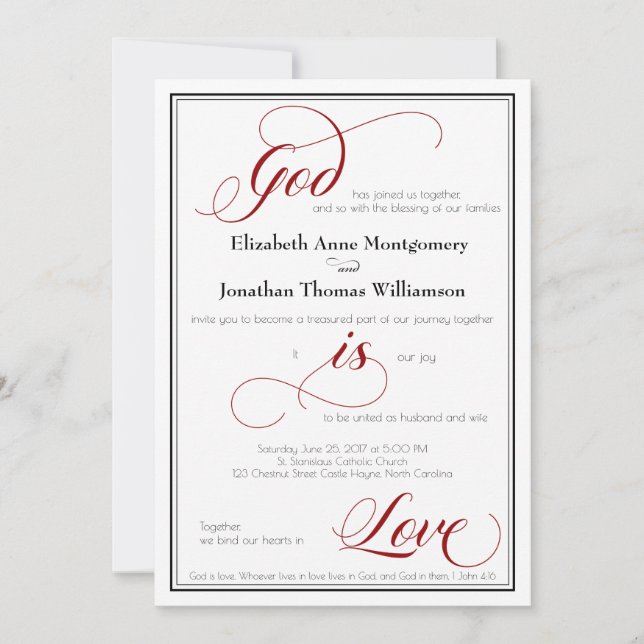 Invitación Dios es amor Graceful Red Script Wedting (Anverso)