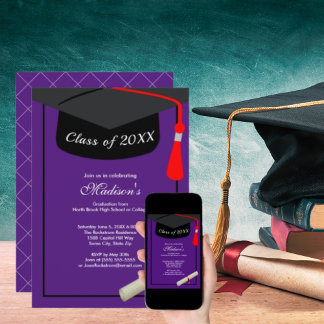 Invitación Diploma Black Cap Diploma Modern Purple Graduation
