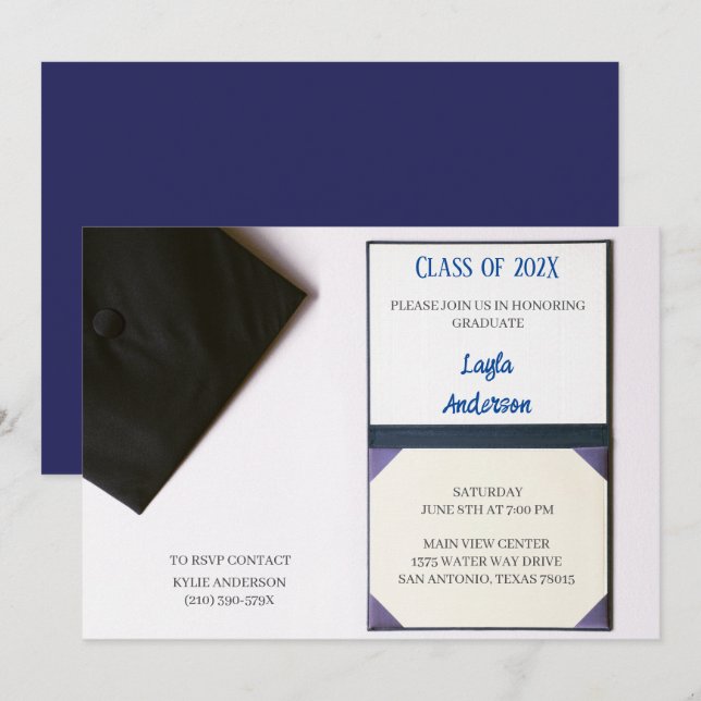 Invitación Diploma de Cabo de Graduación Azul/Negro de la Mar (Anverso / Reverso)