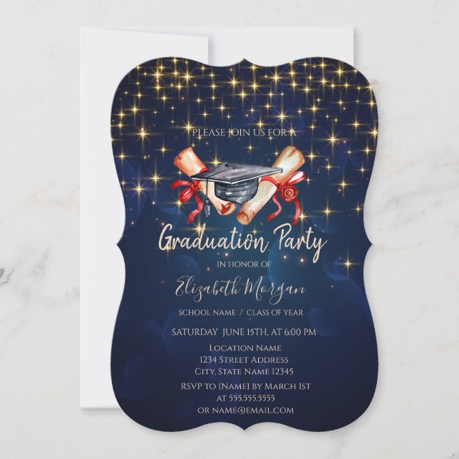 Invitación Diploma de gorra de graduación acuarela estrellas (Anverso)