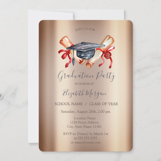 Invitación Diploma de tapón de graduación de acuarela, gradua (Anverso)
