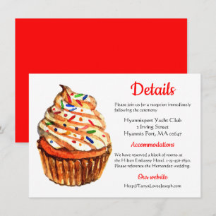 Invitación Dirección de boda roja y blanca, detalles de cupca