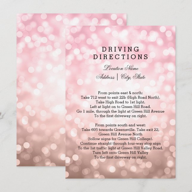 Invitación Direcciones de conducción de bodas Rosa Luces rosa (Anverso / Reverso)