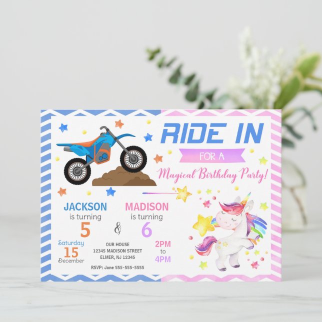 Invitación Dirt Bike & Unicorn Joint Birthday Invitation (Anverso de pie)