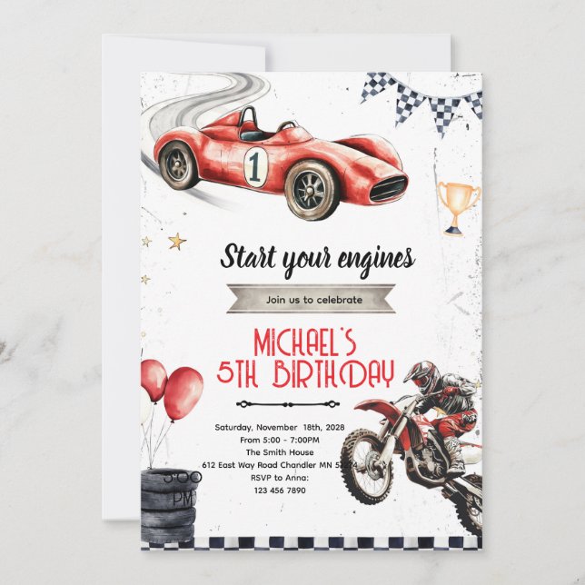 Invitación Dirt Bikes and race car theme invite (Anverso)