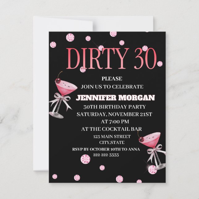 Invitación Dirty 30 Coquette Martini cumpleaños Tema (Anverso)