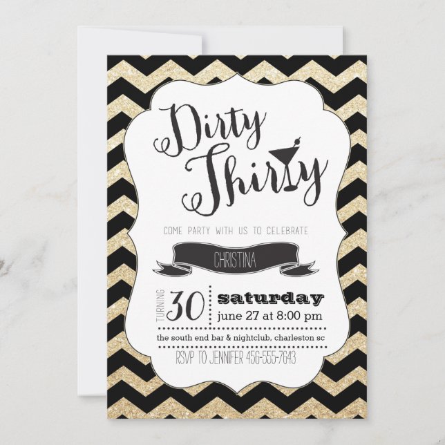 Invitación Dirty Thirty Black & Gold Chevron Birthday Invite (Anverso)