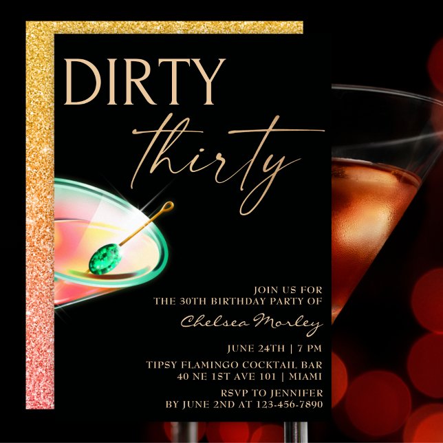 Invitación Dirty Thirty Martini Black & Gold 30 cumpleaños (Subido por el creador)