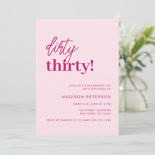 Invitación Dirty Thirty Modern Rubor Pink Birthday Party (Anverso de pie)