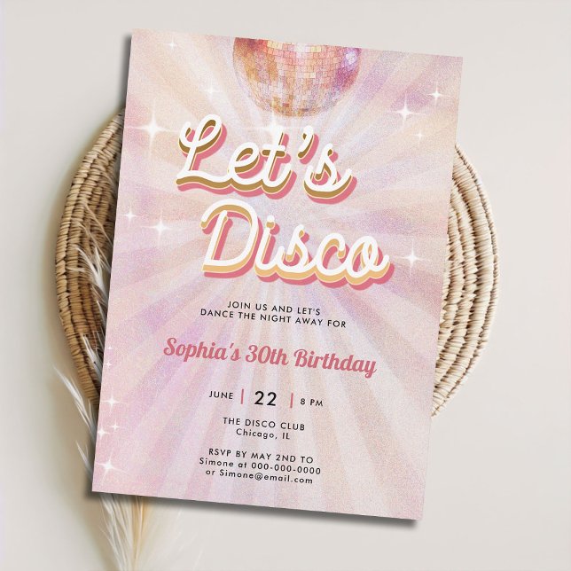Invitación Disco Ball 70 Dance Fiesta Retro 30 cumpleaños (groovy disco 70s dance party 30th birthday invitation girls blush pink vintage retro sparkle glitter)