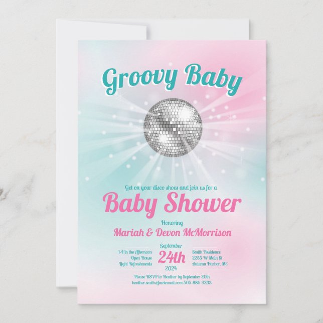 Invitación Disco Ball Baby Shower Groovy (Anverso)