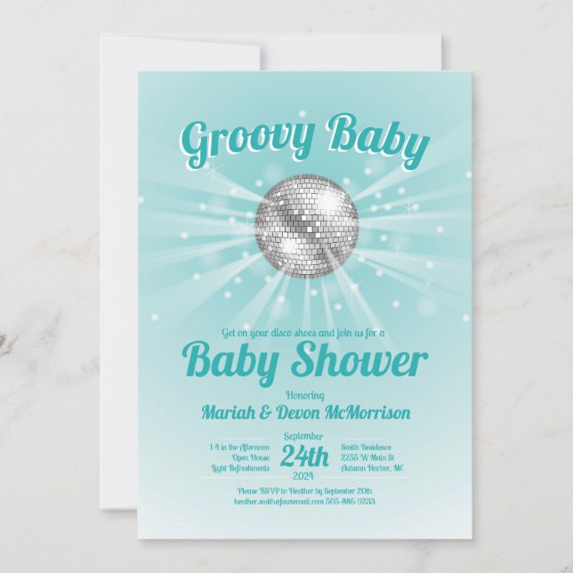 Invitación Disco Ball Baby Shower Groovy Blue Boy (Anverso)